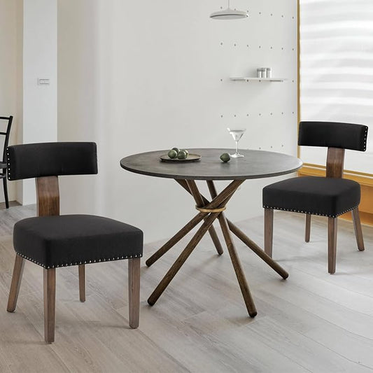 Upholstered Wooden Farmhouse Dining Chairs Set of 2, Mid-Century Modern Fabric Dining Room Chairs with Wood Legs, Curved Backrest Kitchen Chairs for Living Room, Black
