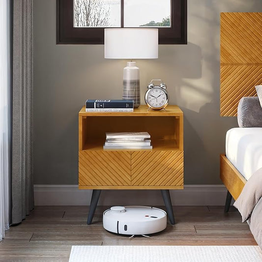 Bme Rhombus Wooden Nightstand with Storage Drawer – Solid Acacia Wood, Geometric Rhombus Pattern Front, Modern Scandinavian Side Table with Metal Base for Bedroom