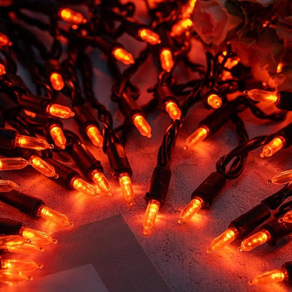 YULETIME Orange LED Christmas Lights with Black Wire, 33 ft 100 Count UL Certified Commercial Grade Halloween String Light Set (Orange - Black Wire)