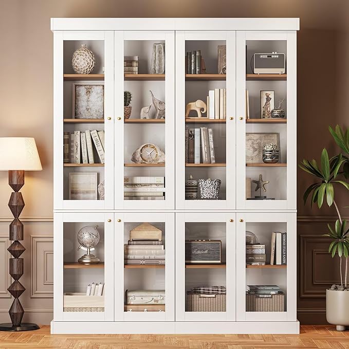 Vyre 70.8" Tall White Bookshelf with Glass Doors, Farmhouse Modular Bookcase with 6-Tier Adjustable Shelves, Large Storage Cabinet for Home Office, Living Room