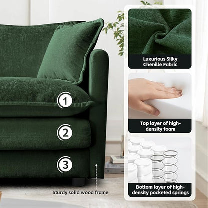 SoarFlash Chenille Sectional Sofa, Comfy Modular Coush Sofa with Ottoman, Modern 3 Seat Recliner Deep Seat Sofa Set for Living Room,Green