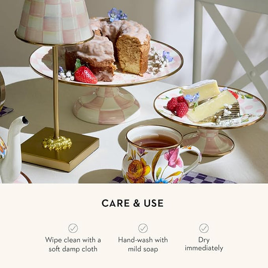 MACKENZIE-CHILDS Enamel Pedestal Platter, Round Cake Stand, Small, Pink-and-White Rosy Check