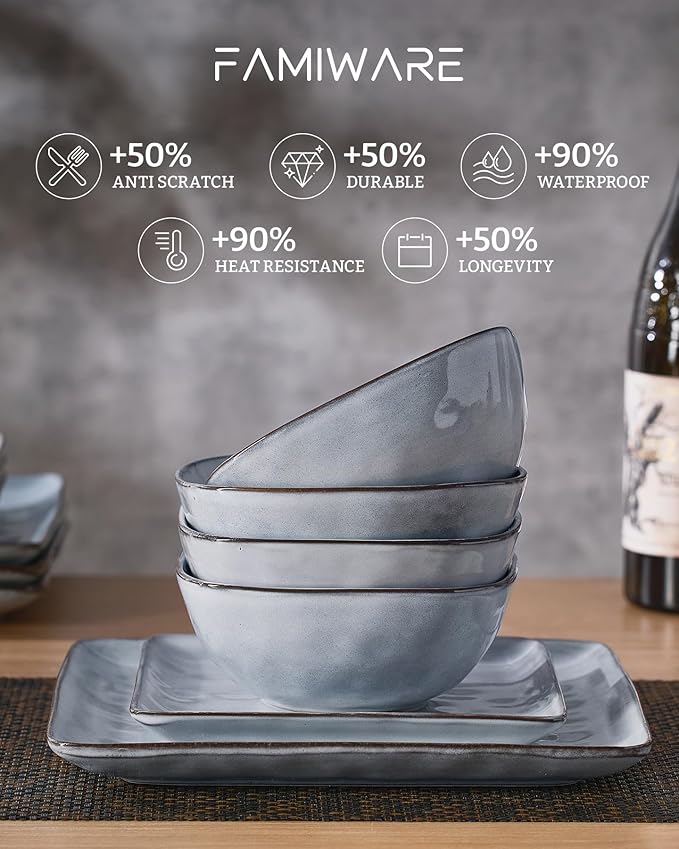 Famiware Dinnerware Sets for 4, Ocean Square 12-Piece Kitchen Plates and Bowls Sets, Reactive Glaze, Microwave and Dishwasher Safe, Scratch Resistant, Grey