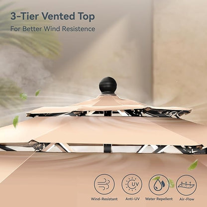 PHI VILLA 10ft Patio Umbrellas, Outdoor 3 Tier Vented Large Market Table Umbrella with 8 Sturdy Ribs and 1.5" Umbrellla Pole for Lawn Poolside Garden Terrace, Beige(No Base)