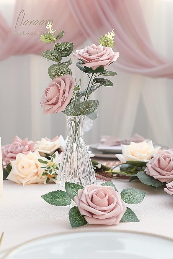 Floroom Artificial Flowers 25pcs Real Looking Shabby Blush Foam Fake Roses with Stems for DIY Wedding Bouquets Bridal Shower Centerpieces Floral Arrangements Party Tables Home Decorations