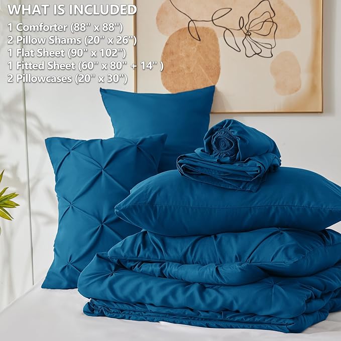 CozyLux Queen Comforter Set Teal, 7 Pieces Pintuck Bed in A Bag, Premium Teal Comforter Queen Size, Pinch Pleat Bedding Sets with Comforter, Sheets, Pillowcases & Shams