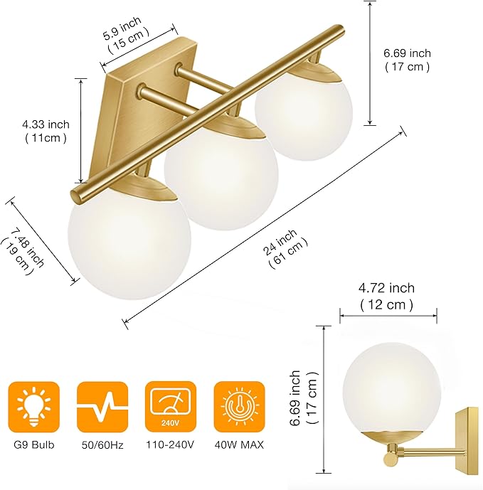 New Bathroom Vanity Light 3 Lights Fixtures Brushed Brass Milk White Globe Glass Shade Modern Wall Bar Sconce Over Mirror (Exclude G9 Bulb)