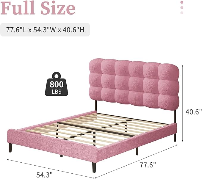 BarnFurin Full Size Bed Frame with Upholstered Headboard, Teddy Soft Boucle Fabric, Platform Bed with Strong Wooden Slats Support, Two Bed Forms Design, No Boxing Spring Needed, Easy Assembly, Pink