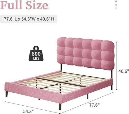 BarnFurin Full Size Bed Frame with Upholstered Headboard, Teddy Soft Boucle Fabric, Platform Bed with Strong Wooden Slats Support, Two Bed Forms Design, No Boxing Spring Needed, Easy Assembly, Pink