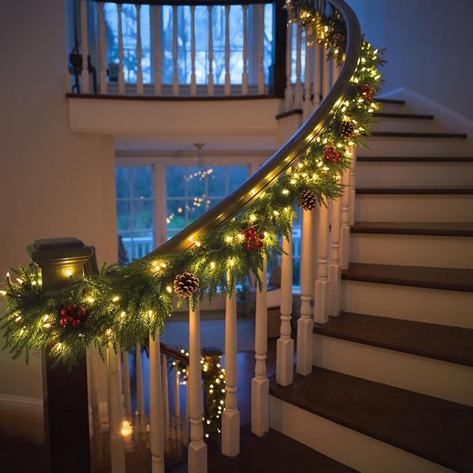 6ft Norfolk Pine Christmas Garland,Thick-Lush Faux Cedar Greenery (118 Full Branches) with LED Lights(40 Pieces), Pinecones & Red Berries for Fireplace Mantels, Tables, Walls | Indoor & Outdoor Decor