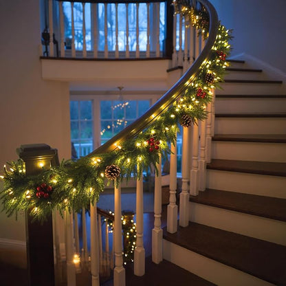 6ft Norfolk Pine Christmas Garland,Thick-Lush Faux Cedar Greenery (118 Full Branches) with LED Lights(40 Pieces), Pinecones & Red Berries for Fireplace Mantels, Tables, Walls | Indoor & Outdoor Decor