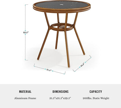 Martha Stewart Lily Pond 31” Round Indoor-Outdoor Bistro Dining Table with Aluminum Frame in Natural Woodgrain and Rattan Top in Black/White with Tempered Glass Top