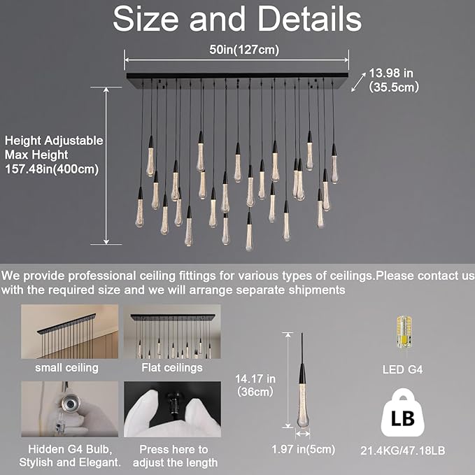 Black Rectangle Raindrop Chandelier with Glass，25-Lights Luxury Farmhouse Large Linear Chandeliers for Dining Room Over Table, Brass Pendant Ceiling Light Fixture for Kitchen Island