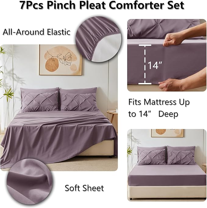 CozyLux Full Size Comforter Sets Grayish Purple, 7 Pieces Bed in A Bag Purple Comforter Full Size, Pinch Pleat Bedding Sets with All Season Comforter, Sheets, Pillowcases & Shams