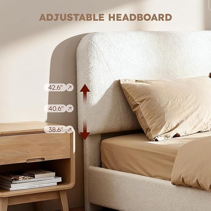 Cloud Bed Frame, Soft Boucle Bed Frame with Adjustable Headboard, Solid Wood Legs, Rounded Corners Design & Easy Assembly – Modern Platform Bed, Twin Cream