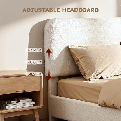 Full Size Cloud Bed Frame, Upholstered Boucle Bed Frame with Adjustable Headboard, Solid Wood Legs, Rounded Corners Design & Easy Assembly – Modern Platform Bed,Cream