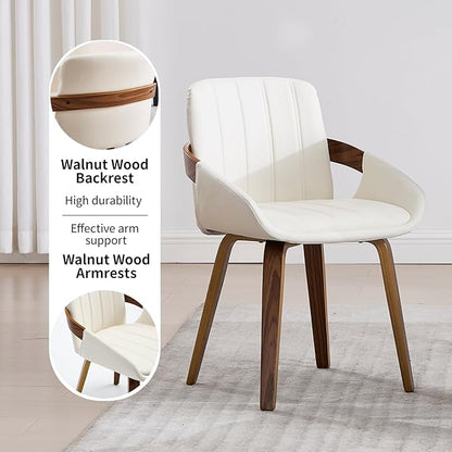 Dining Chairs Set of 2, Mid Century Modern Dining Room Chairs with Arms and Mid Back PU Leather Upholstered Bentwood Kitchen Chairs for Home Restaurant Office - Beige