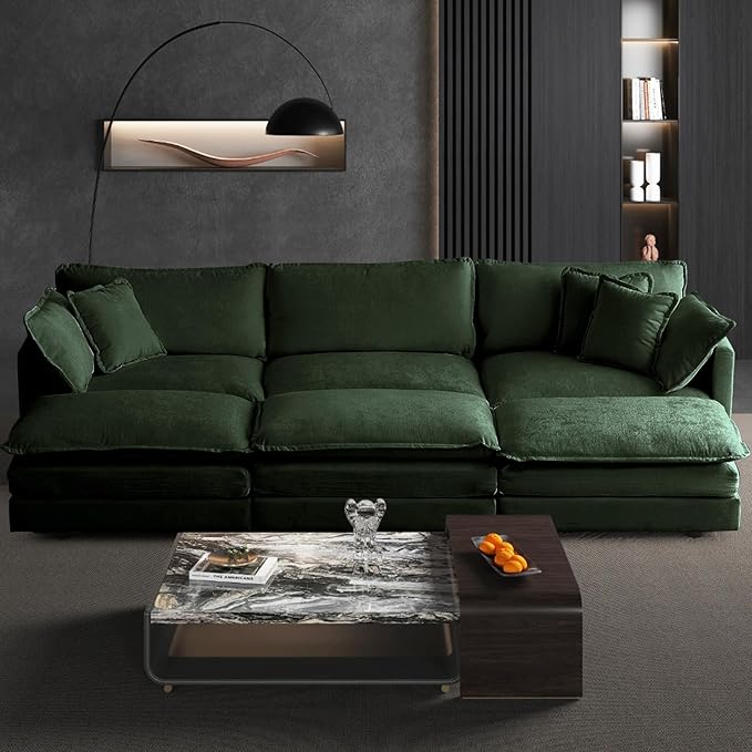 SoarFlash Chenille Sectional Sofa, Comfy Modular Coush Sofa with Ottoman, Modern 3 Seat Recliner Deep Seat Sofa Set for Living Room,Green