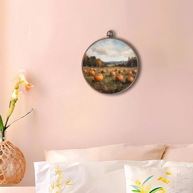 Hxlac Vintage Pumpkin Field Pumpkin Round Wall Art Framed, Vintage Autumn Pumpkin Round Wall Decor, Cottage Fall Halloween Hanging Canvas Prints Wall Sculptures for Home Room Decor, 10x10 Inch