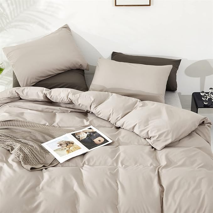 Pureant Beige Khaki Comforter Set King Size Light Khaki Bedding Set 3PCS Solid Oatmeal Comforter Modern Soft Women Men Cream Coffee Bedding Light Taupe King Size Quilts Cotton Champagne Bedding