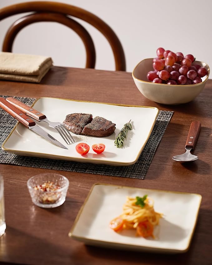 Famiware Dinnerware Sets for 8, Ocean Square 24-Piece Kitchen Plates and Bowls Sets, Microwave and Dishwasher Safe, Scratch Resistant, Vanilla White