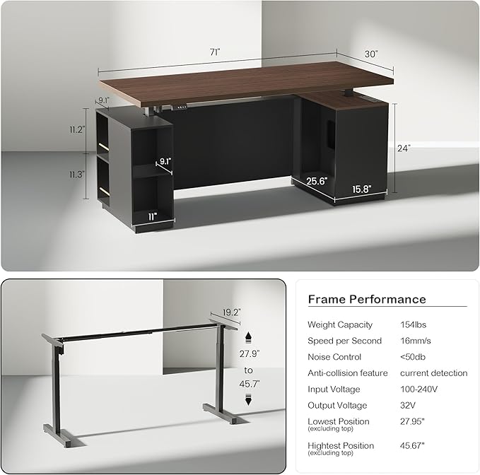 71" Standing Executive Desk with Privacy Panel, Large One-Piece Electric Height Adjustable Stand Up Desk with Charging Station, File Cabinet Storage, Home and Office, Black Walnut