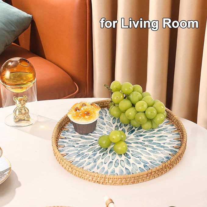 Round Rattan Tray with Mother of Pearl Inlay, Rattan Serving Tray for Coffee, Bread, Fruits, Decorative Wicker Tray for Table Decor, Home Decor, Kitchen Island Decor (Light Blue Leaf, 11.8")