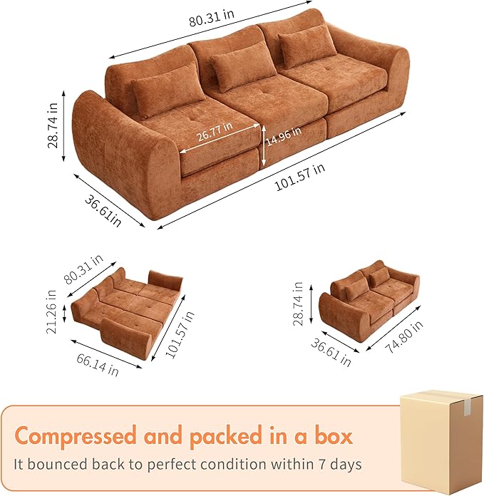101.6" Modular Sectional Cloud Sofa,Floor Boneless Couch, 4-in-1 Folding Convertible Sofa Bed, Modular Cushion Couch,Suitable for Living Room,Bedroom and Recreation Room (Orange)