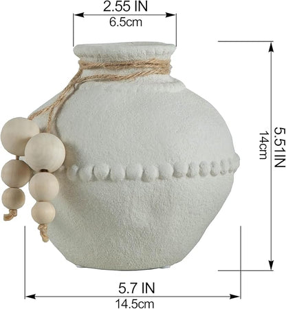 Rustic Ceramic Vase with Boho Wooden Beads, Matte Decorative Pottery for Modern Farmhouse and Bohemian Decor, Floral Arrangements, Bedroom, Shelf, or Side Table Accents