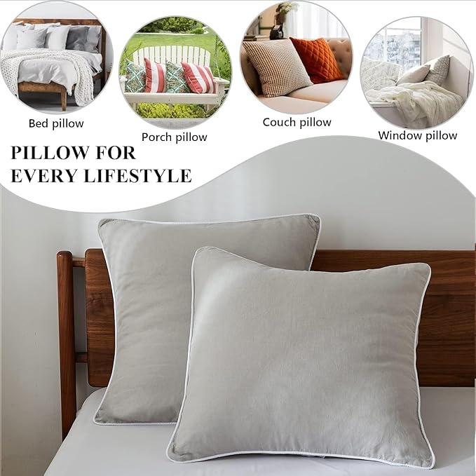 Simple&Opulence 100% Linen Euro Sham Covers with Piping Trim, 26"x26" Pillow Cover Set of 2, Breathable Pillow Shams for Bed Couch Decorative Cushions, Light Grey
