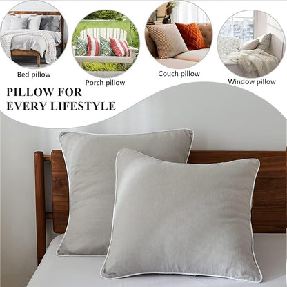 Simple&Opulence 100% Linen Euro Sham Covers with Piping Trim, 26"x26" Pillow Cover Set of 2, Breathable Pillow Shams for Bed Couch Decorative Cushions, Light Grey