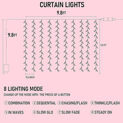 Dazzle Bright 300 LED Curtain String Lights, Valentine's Day Fairy Lights for Bedroom with 8 Lighting Modes, Connectable Waterproof Window Lights Party Wedding Garden Wall Christmas Decor, Pink