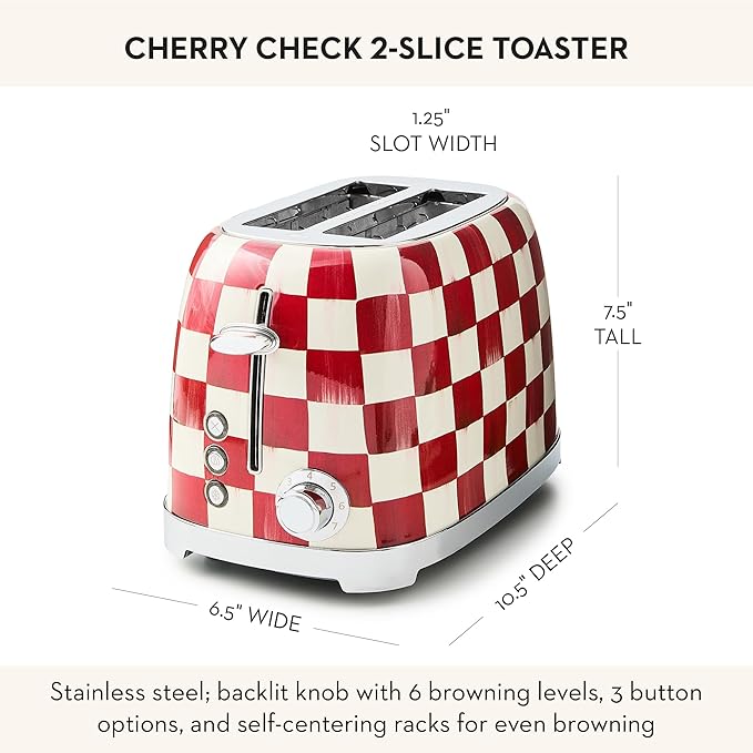 MACKENZIE-CHILDS 2-Slice Toaster, Decorative Toaster for Kitchen, Red-and-White Cherry Check