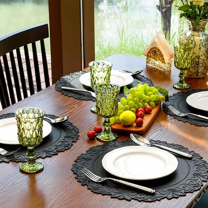 Noctiflorous Round Faux Leather 15 Inch Placemats Set of 4 Waterproof Wipeable Heat Resistant Tablemat for Dining Table Kitchen Non Slip Washable Oilproof Table Place Mat for Indoor Outdoor(Black, 4)