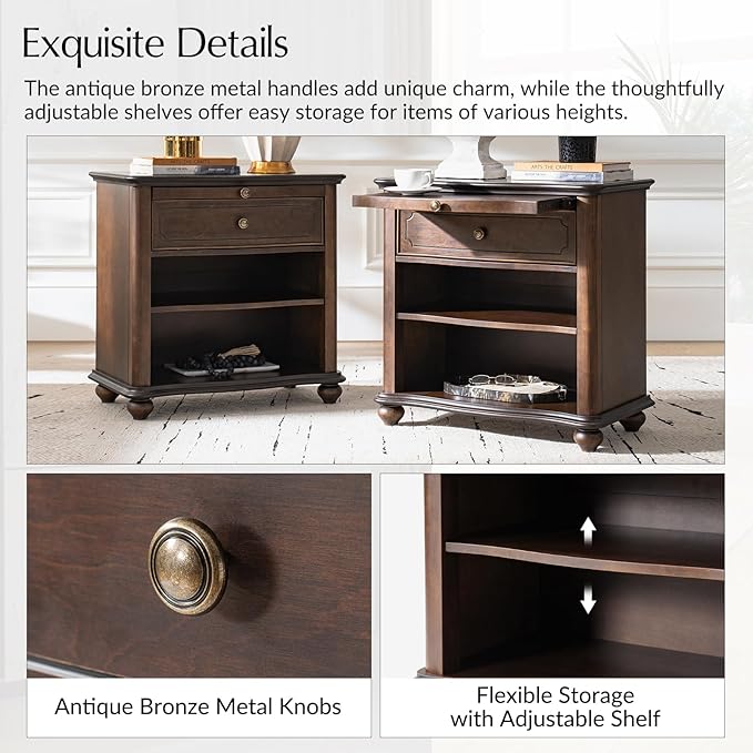 HULALA HOME Wooden Nightstand with Pull-Out Shelf, Mid Century Modern Nightstand with Solid Wood Drawers and Legs, Adjustable Storage, Walnut