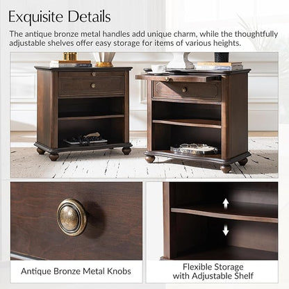 HULALA HOME Wooden Nightstand with Pull-Out Shelf, Mid Century Modern Nightstand with Solid Wood Drawers and Legs, Adjustable Storage, Walnut