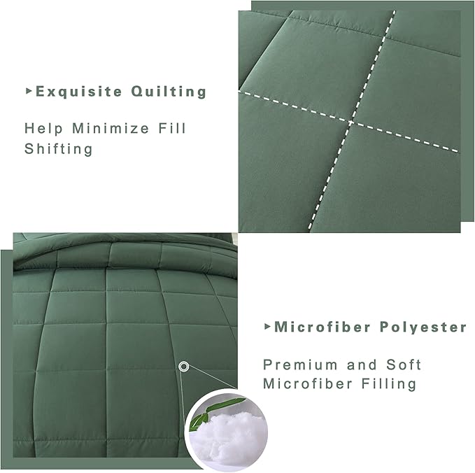 DOWNCOOL All Seasons Sage Green Bedding Comforters & Sets with 2 Pillow Cases -3 Pieces Down Alternative Comforter Set -Bedding Comforter Sets Queen -Lightweight and Noiseless (Queen,88x90 inches)