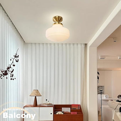 Mid Century Modern Flush Mount Ceiling Light Fixture Vintage Milk Glass Gold Close to Ceiling Lamp Schoolhouse Ceiling Light for Hallway Farmhouse Bedroom Kitchen