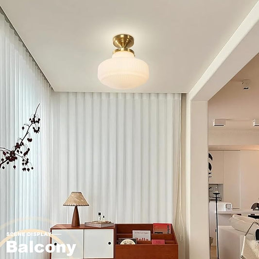 Mid Century Modern Flush Mount Ceiling Light Fixture Vintage Milk Glass Gold Close to Ceiling Lamp Schoolhouse Ceiling Light for Hallway Farmhouse Bedroom Kitchen