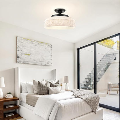 Lamomo Semi Flush Mount Ceiling Light,White Glass Shade Black Hallway Light Fixture,3-Bulb Globe Glass Close to Ceiling Scone,Indoor Hanging Light for Bedroom Kitchen Porch Hallway,Bulbs Not Included