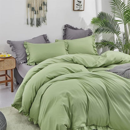 CLOTHKNOW Green Ruffles Comforter Sets Full 3Pcs Farmhouse Bedding Comforter Sets Soft Shabby Chic Comforter with 2 x Pillow Cases