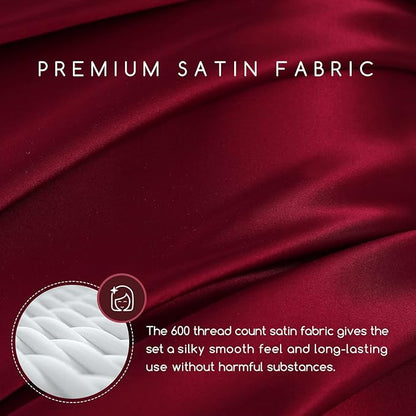 MR&HM Satin Bed Sheets, Queen Size Sheets Set, 6 Pcs Silky Bedding Set with 15 Inches Deep Pocket for Mattress (Queen, Burgundy)