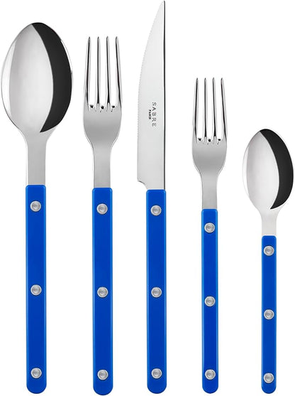 5-Piece Flatware Set - Bistrot Collection - Knife, Fork, Soup Spoon, Teaspoon & Dessert Fork - Stainless Steel & Nylon - Dishwasher Safe - Lapis Blue - Brilliant Finish