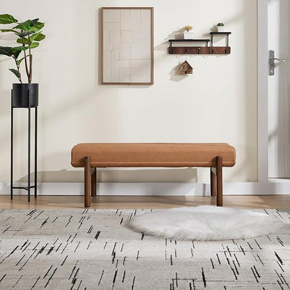 47" Modern Upholstered End of Bed Bench, Brown PU Leather Channel Tufted Entryway Bench with Wood Legs, Comfy Bedroom Bench Long Ottoman for Living Room Hallway Vanity Room