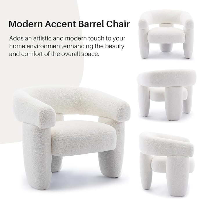 Mid Century Modern Accent Barrel Chair Comfy Upholstered Round Armchair with Montage Design, Sherpa Boucle Lounge Chair for Living Room Bedroom Apartment, Cream White