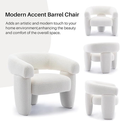 Mid Century Modern Accent Barrel Chair Comfy Upholstered Round Armchair with Montage Design, Sherpa Boucle Lounge Chair for Living Room Bedroom Apartment, Cream White