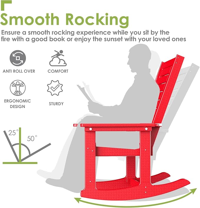 GREENVINES Outdoor Rocking Chairs | Set of 2 | Porch Rocker | HDPE Plastic | Red | Oversized Rockers | High Back | Big & Tall | Ladder Back | for Patio Outside Backyard Balcony
