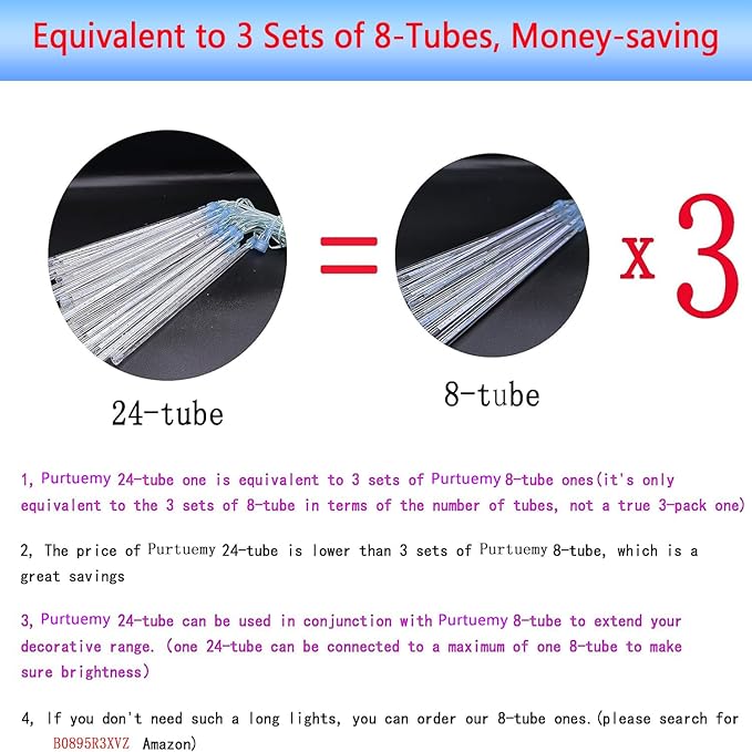 Outdoor Christmas Lights: 24Tubes(Equivalent to 3 Sets of 8-Tubes) Purtuemy Meteor Shower Lights Icicle White Christmas Lights Outdoor for Xmas Tree Halloween Decoration Wedding Party Window