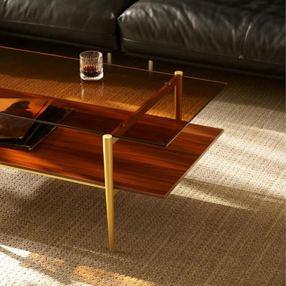 Saint Mossi Tadio Double Layer Glass Coffee Table for Living Room, Brown Glass & Coffee Brown MDF Bottom Shelf