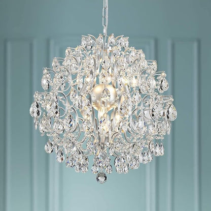Bestier Silver Modern Pendant Chandelier Crystal Raindrop Lighting Ceiling Light Fixture Lamp for Dining Room Bathroom Bedroom Livingroom 6 E12 Bulbs Required D19 in x H21 in